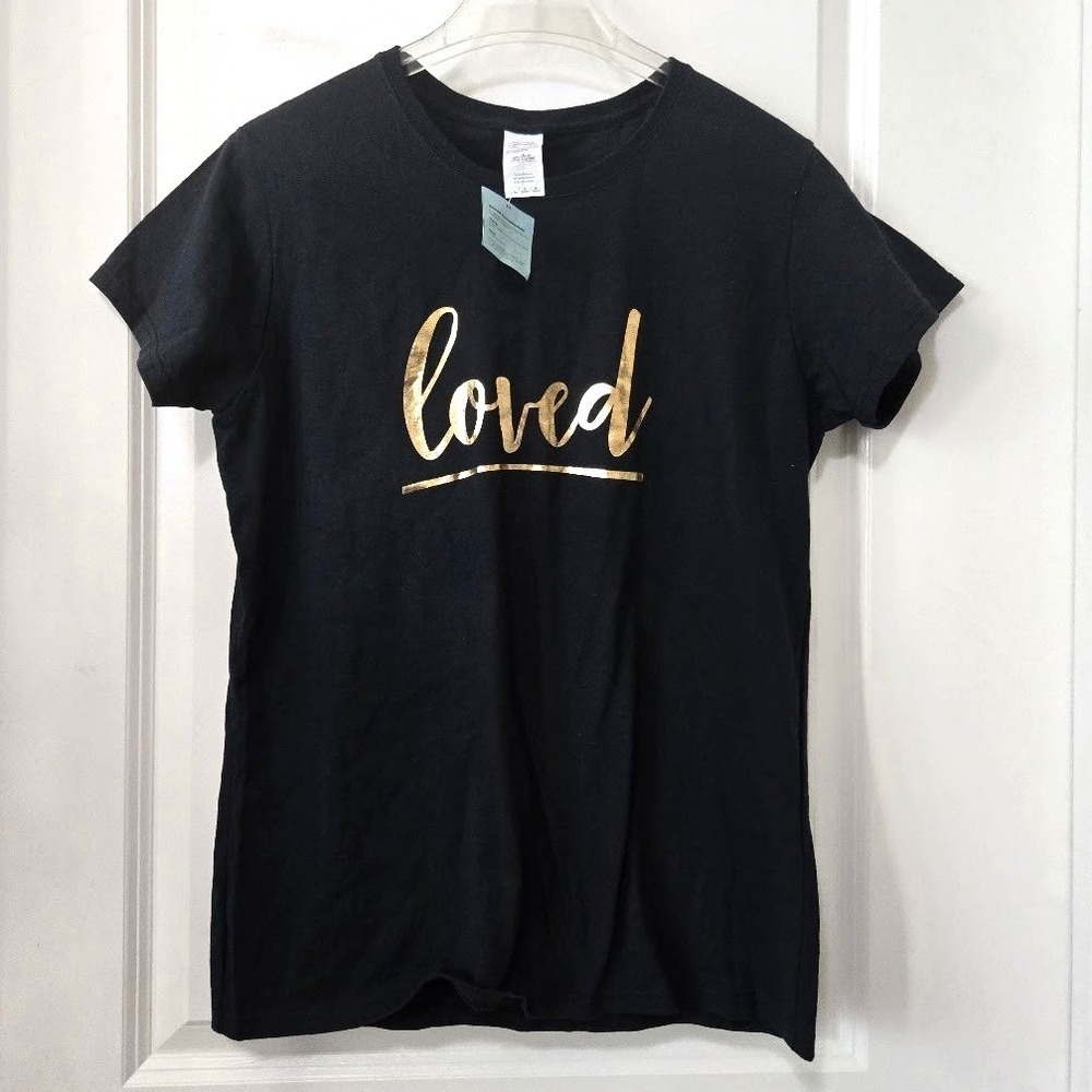 Gildan Womens T-Shirt Loved‎ Gold Graphic Black Cotton Casual Tee Size L